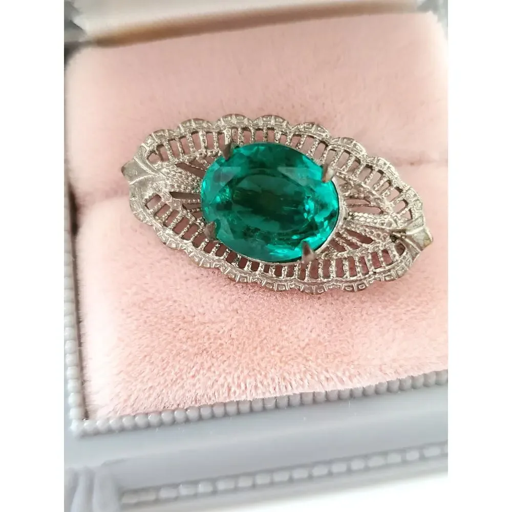 Antique Art Deco Green Glass Filagree Rhodium Plated Brooch